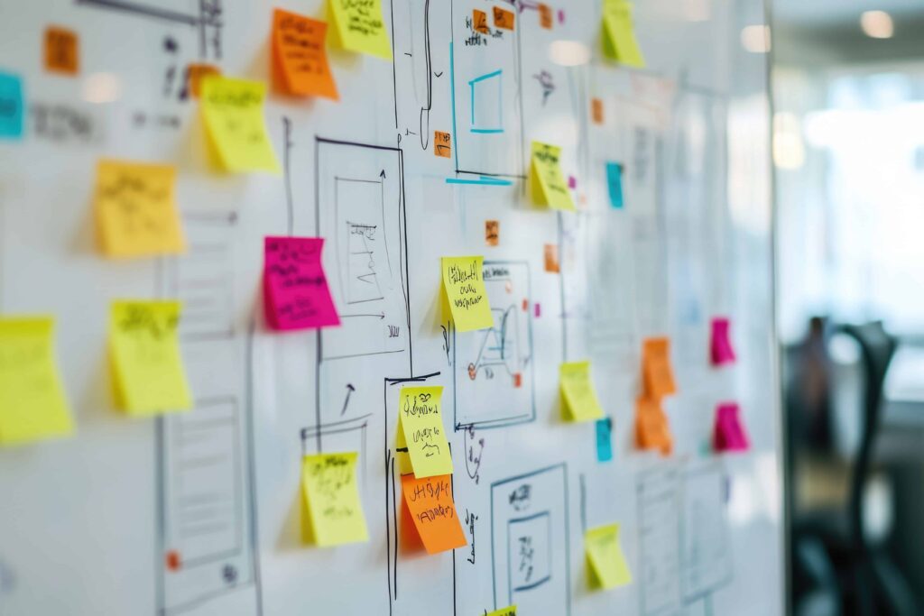 colorful post it notes on a whiteboard during a team meeting